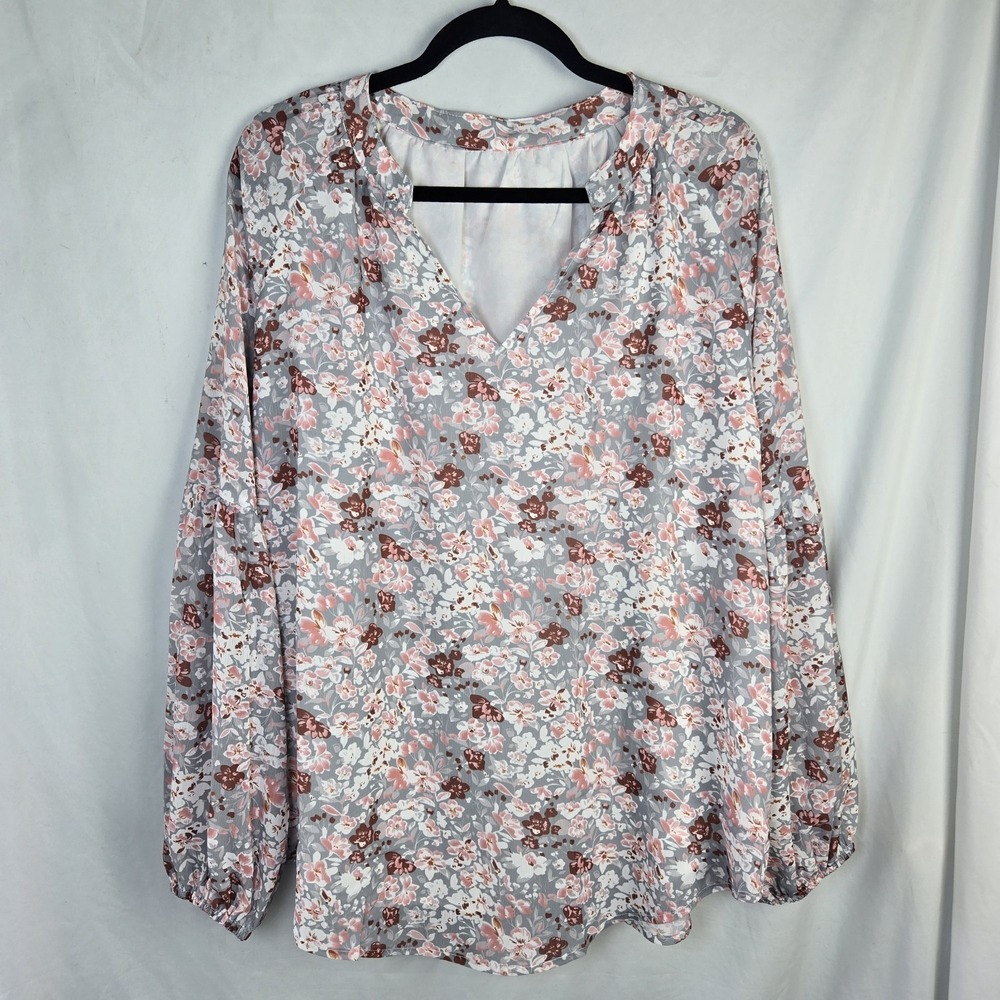 Floral Gray Chiffon Lantern Sleeve Popover Blouse Shirt Womens XXL Office Modest
